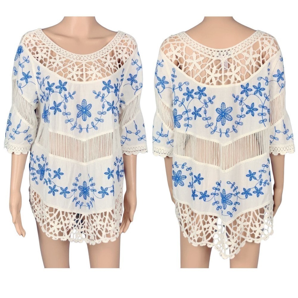 Oliver Crochet Embroidery Tunic Floral‎ Top Blue Cream Cotton Womens Size Medium